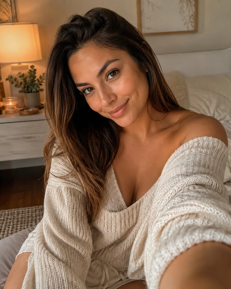 Woman smiling warmly in a cozy bedroom selfie