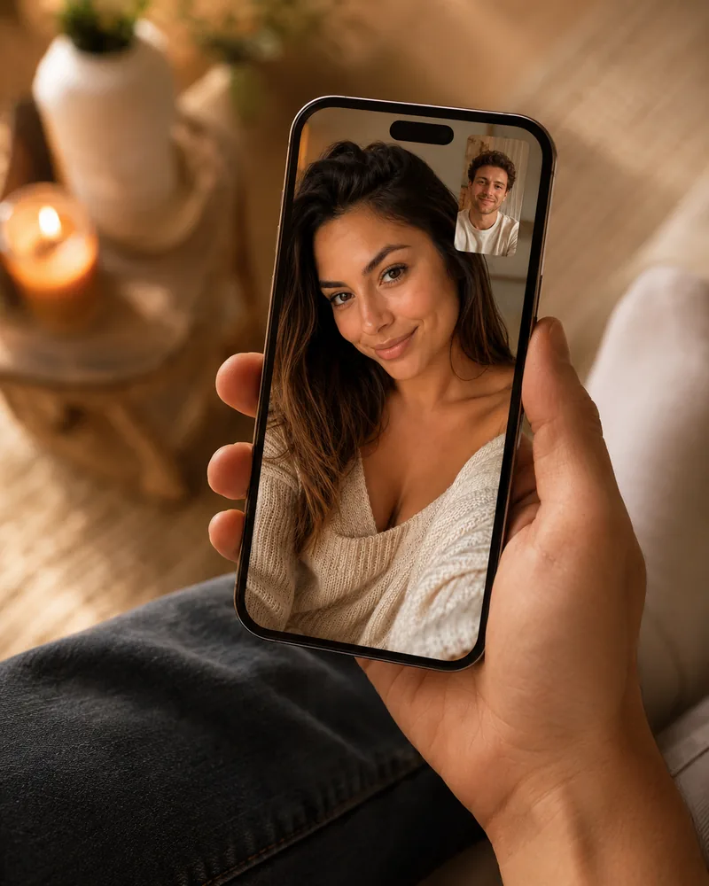 A live video call in a warm home setting